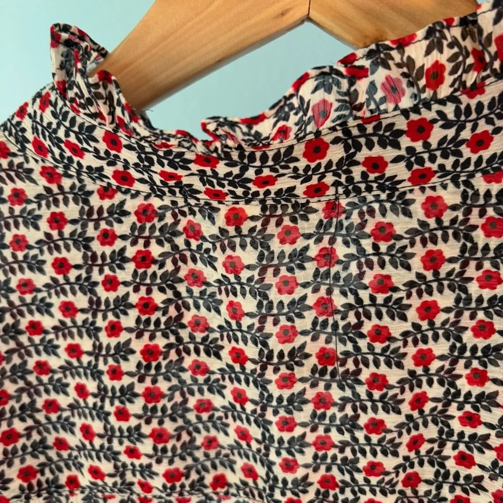 Vintage Forever 21 Red Black Floral Sheer Tunic Top Ruffle Y2K - Picture 11 of 14